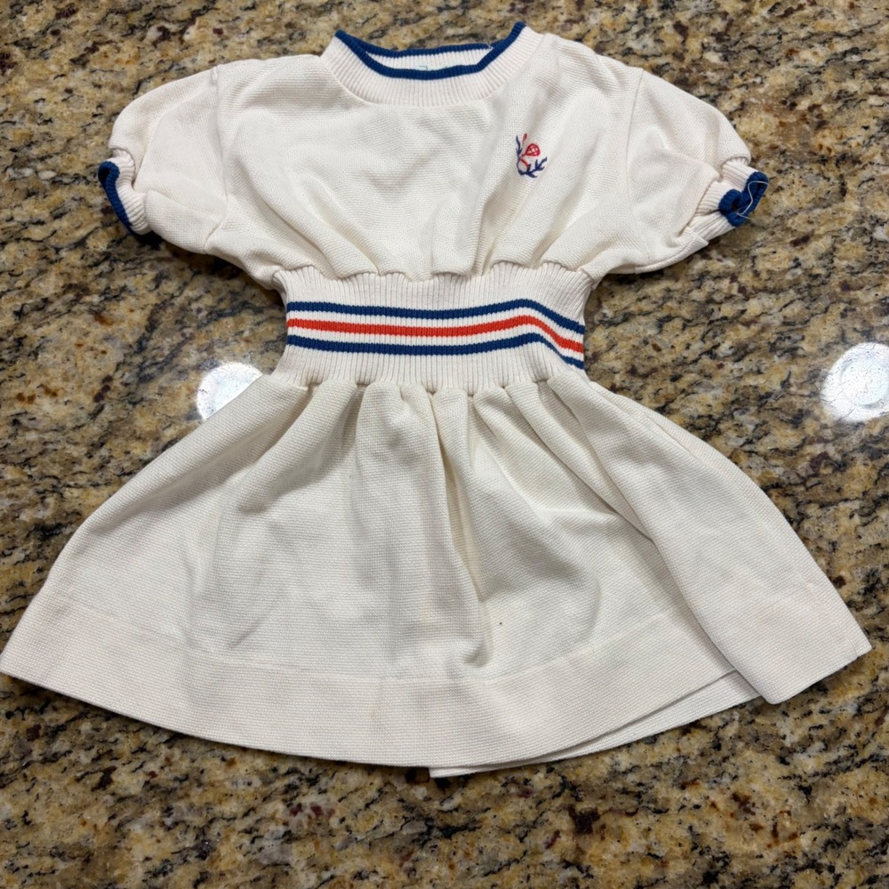 Vintage Health-tex Girls Cream Knit Tennis Dress Red Blue Stripe Size 4 USA Made